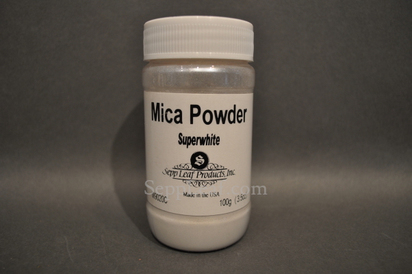Sepp Gilding Workshop: Super White Mica Powder, 3.5oz clear plastic jar @ seppleaf.com