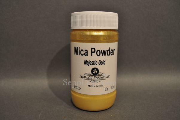 Sepp Gilding Workshop: Majestic Gold Mica Powder, 3.5oz clear plastic jar @ seppleaf.com